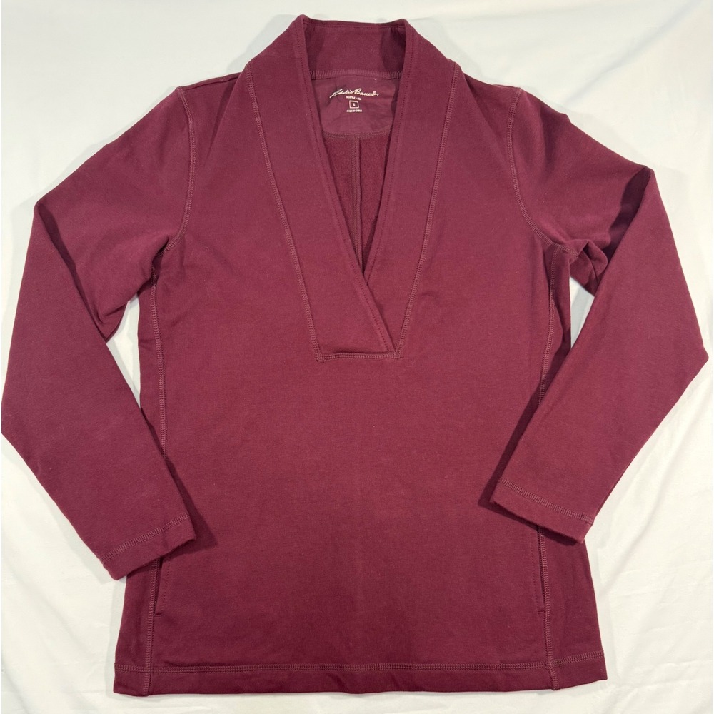 Eddie Bauer Burgundy V-Neck Shawl Collar Fleece Lined Pullover Top Small